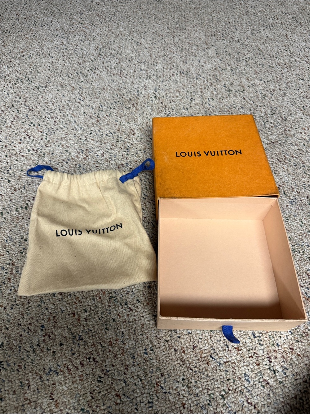 Louis Vuitton Tan Dust Bag with Blue Drawstring and Orange Box